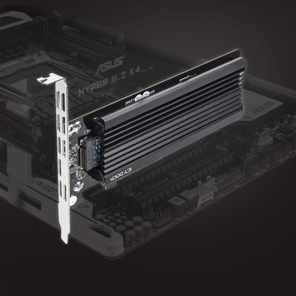 ICY DOCK EZConvert EX Pro MB987M2P-1B takes an M.2 NVMe PCIe SSD up to 110 mm in length in a PCIe 4.0 x4 slot - including slot bracket and heatsink, black