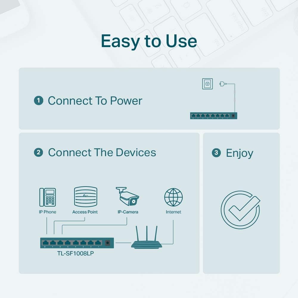 TP-Link TL-SF1008LP 8-Port Fast Ethernet PoE Switch (4 davon mit PoE-Unterstützung, 41W Watt, geschirmte RJ-45 Ports, 250m Übertragungsabdeckung im Extendmodus, Plug&Play, lüfterlos) Schwarz
