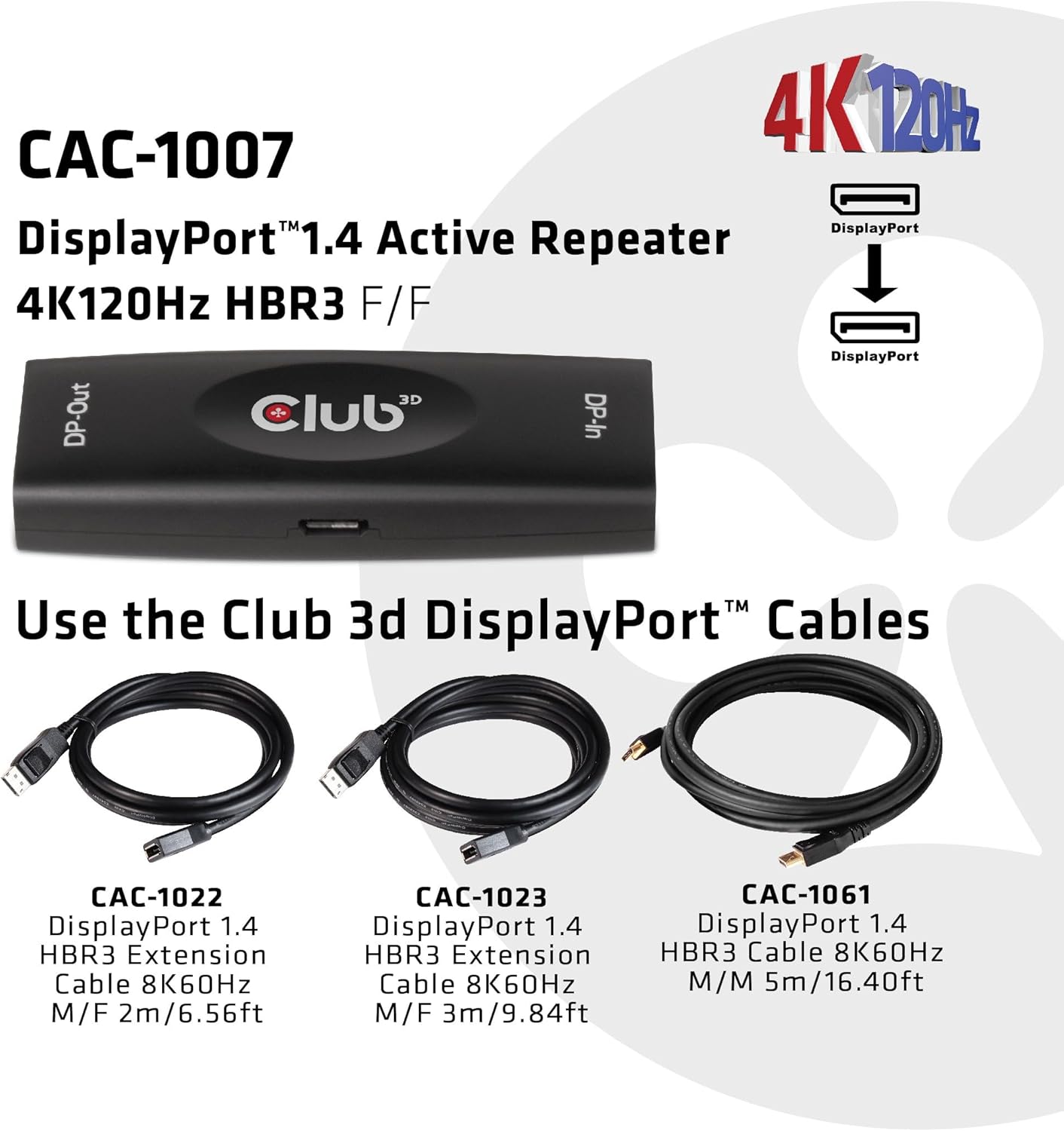 Club 3D DisplayPortTM 1.4 Active Repeater/Signal Amplifier 4K120Hz HBR3 B/B