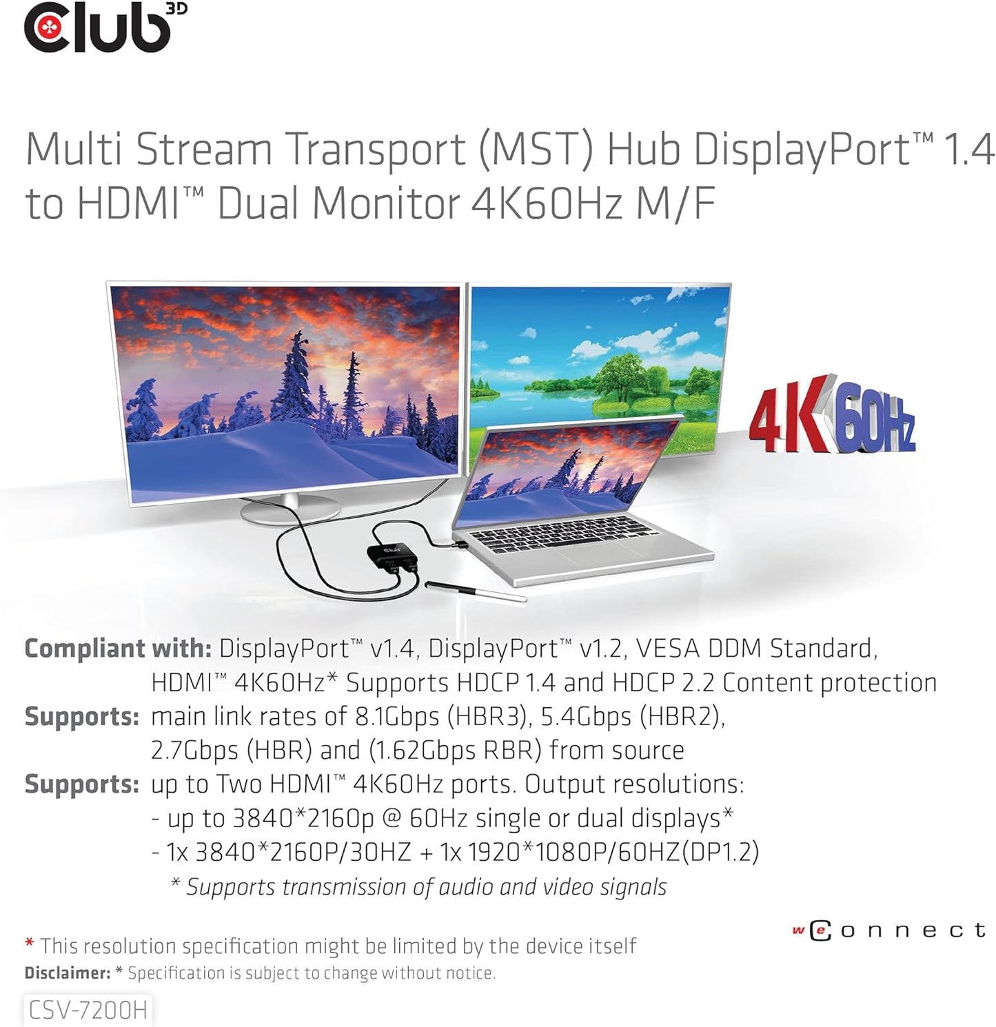 CLUB3D Multi Stream Transport (MST) Hub DisplayPort™ 1.4 to HDMI™ Dual Monitor 4K60Hz St./B.