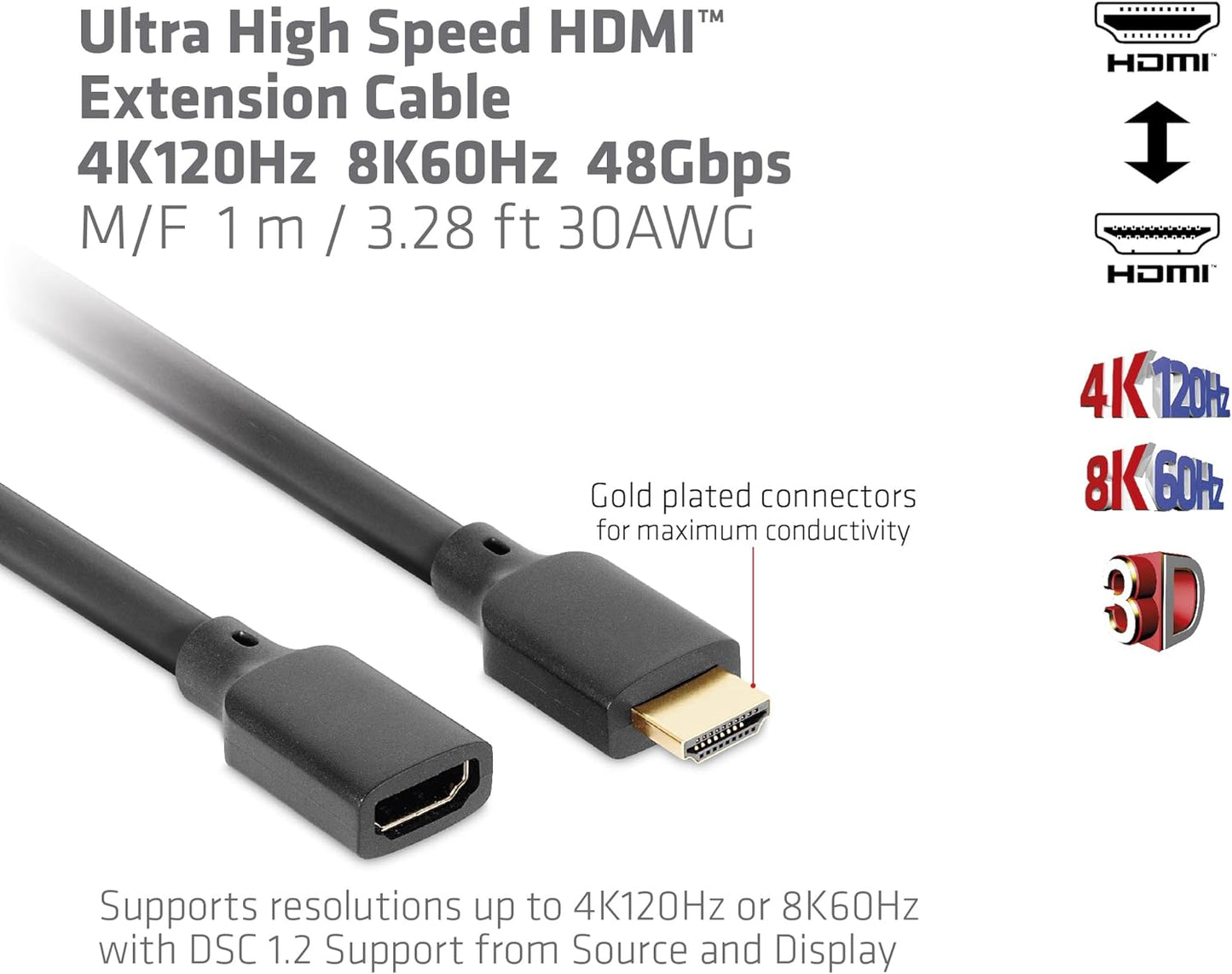 Club 3D CAC-1322 Ultra High Speed HDMI Extension Cable 4K120Hz 8K60Hz 48Gbps M/B. 1m 30AWG