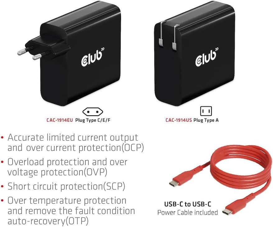 Club 3D Ladegerät 140 Watt GaN-Technologie, Einzelanschluss USB Typ-C, Power Delivery (PD) 3.1 Unter