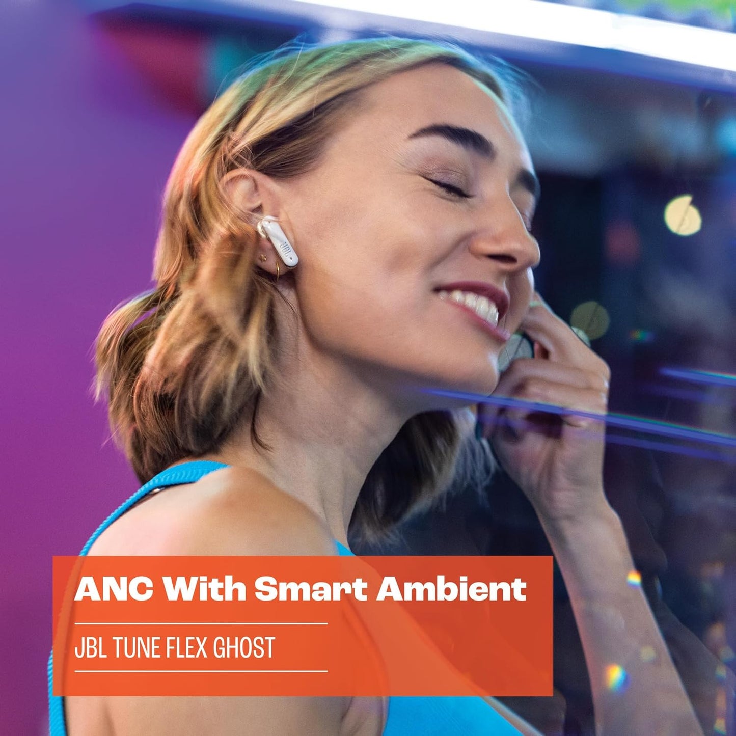 JBL Tune Flex Ghost Earphones, In Ear, Noise Cancelling Bluetooth Earbuds with 32 Hours of Battery Life, Water-Resistant, Purple Ghost