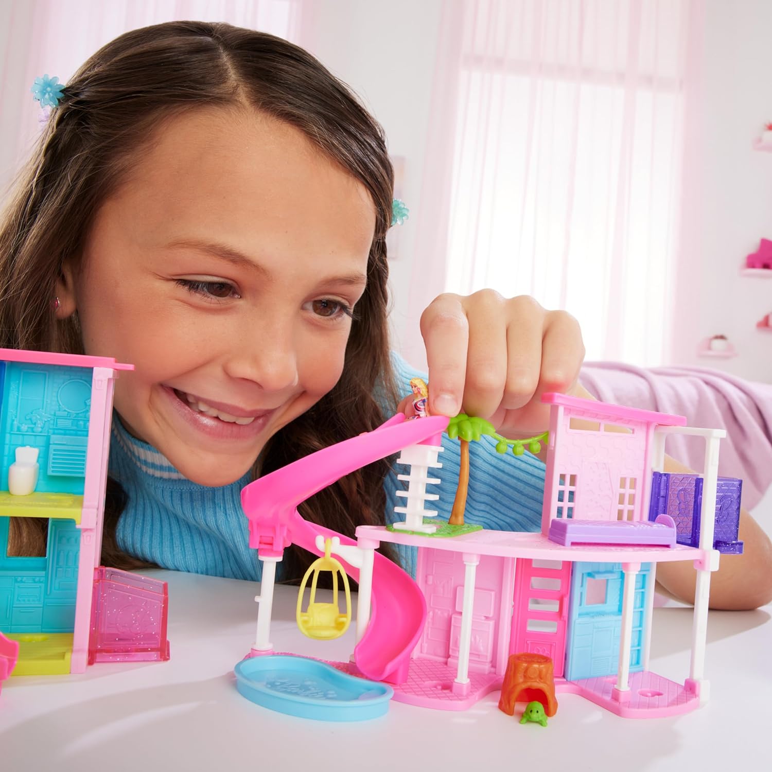 Barbie Mini BarbieLand Doll House Sets, Mini Dreamhouse with Surprise 1.5-inch Barbie Doll, Furniture & Accessories, Plus Elevator & Pool, 4Y+, HYF45