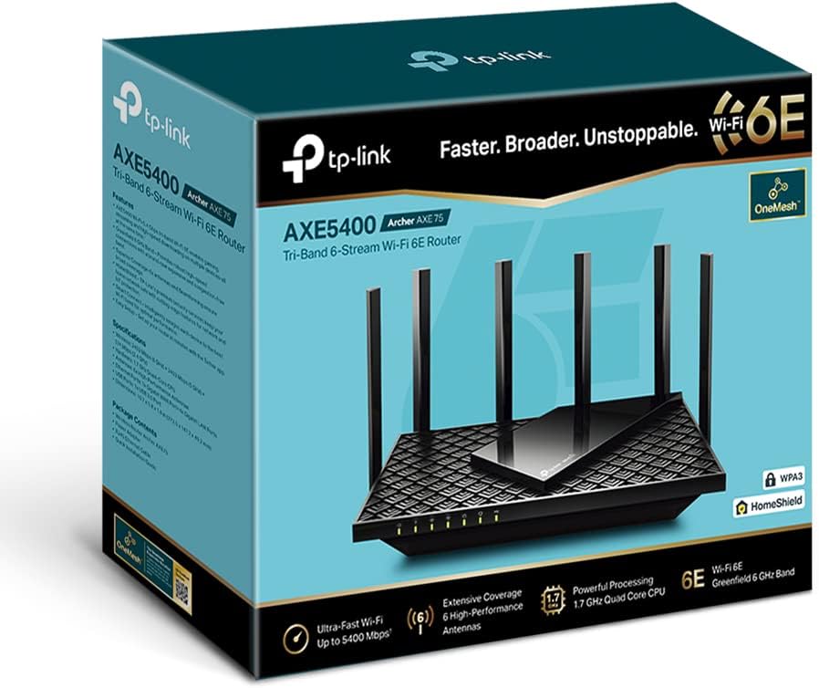 TP-Link AXE5400 Tri-Band Wi-Fi 6E Router, Wi-Fi Speed up to 5400 Mbps, 5x Gigabit Port, 1× USB 3.0 Port, 1.7 GHz Quad-Core CPU, with TP-Link OneMesh™and HomeShield, Compatible with Alexa(Archer AXE75