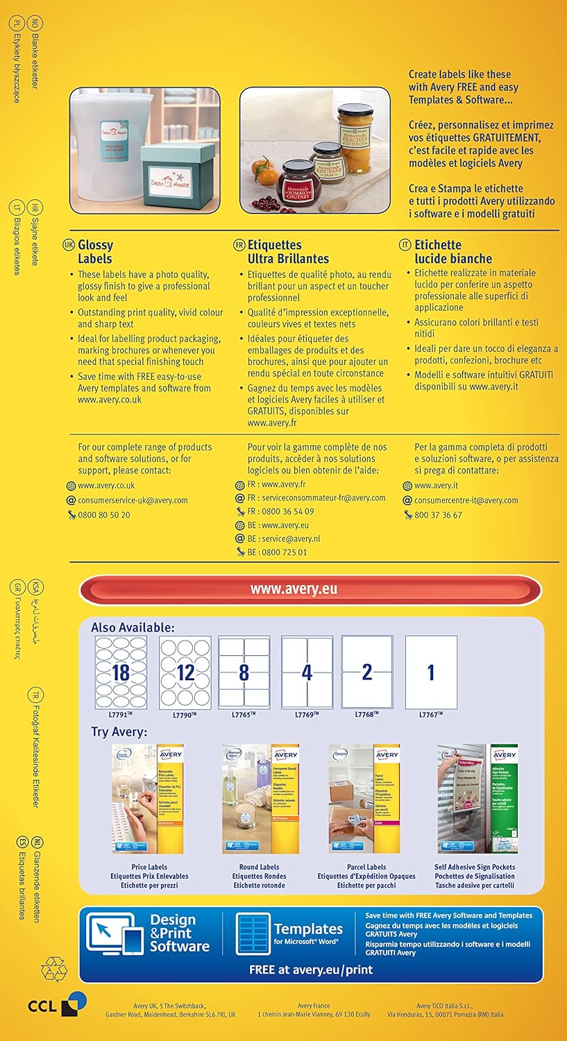 Avery L7769-40 Self-Adhesive Glossy Labels, 4 Labels Per A4 Sheet