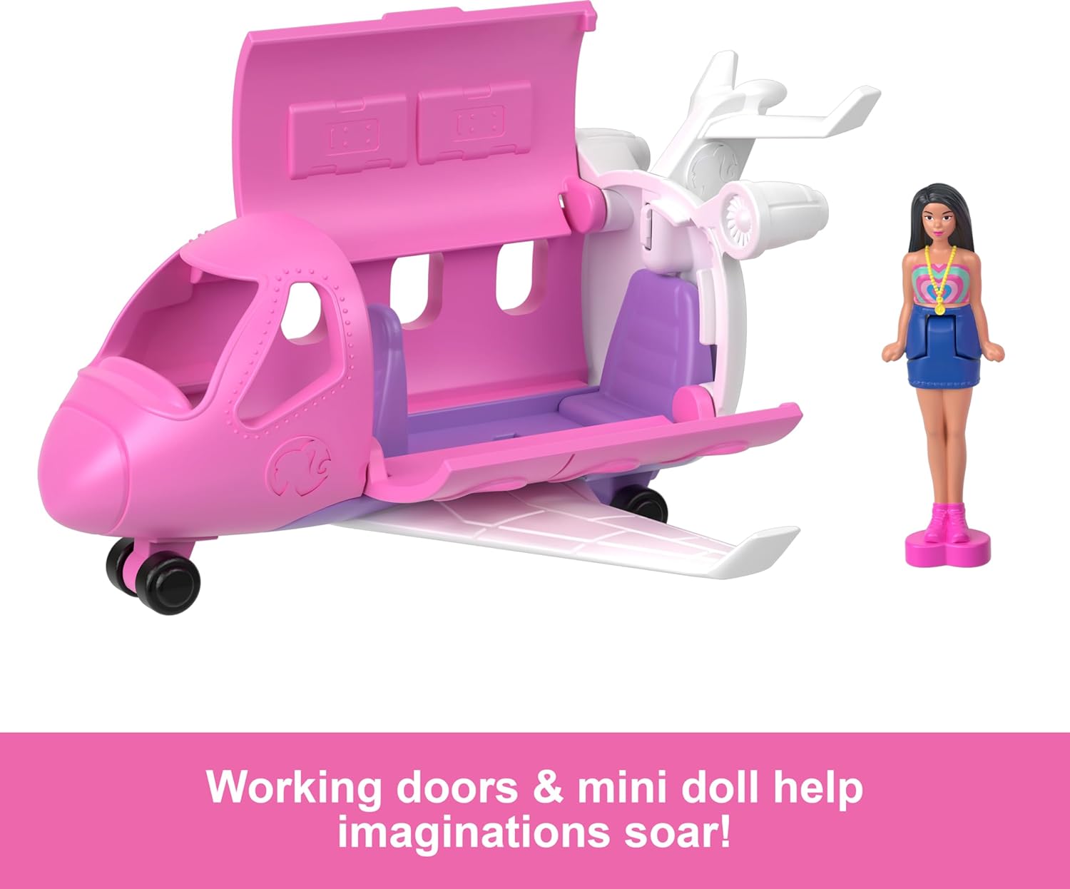 Barbie Mini BarbieLand Doll & Toy Vehicle Set, 1.5-inch Barbie Doll & Dreamplane with Working Doors & Color-Change, HYF40