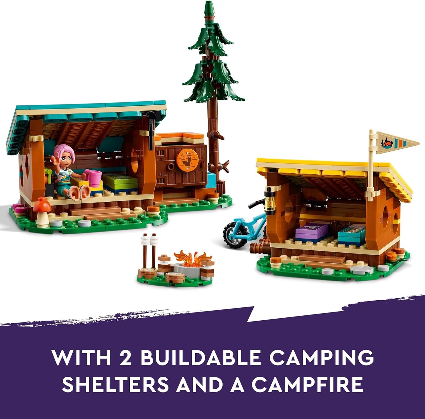 LEGO Friends Adventure Camp Cosy Cabins Camping Toy Set, Kids’ Nature Playset, Pretend Play for Girls and Boys Aged 7 Years and over, with 3 Mini-Doll Characters and a Fox 42624