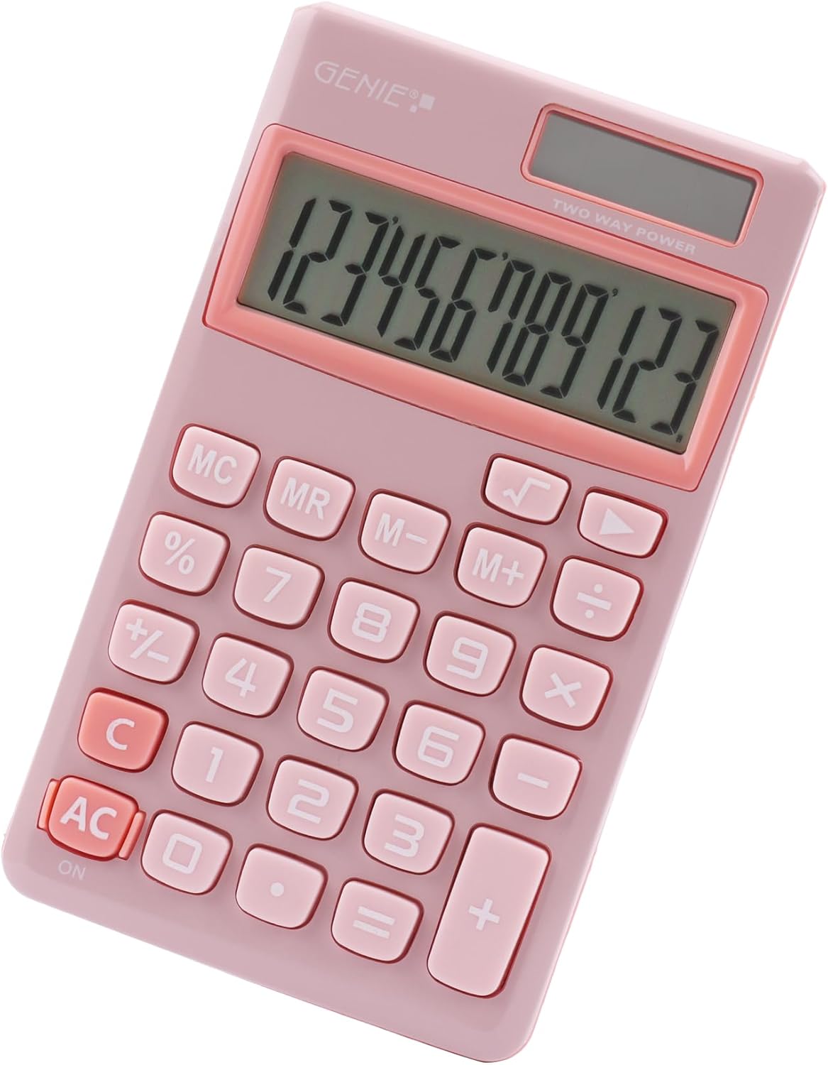GENIE 212 P 12 Digit Calculator with Dual Power (Solar and Battery) Pink
