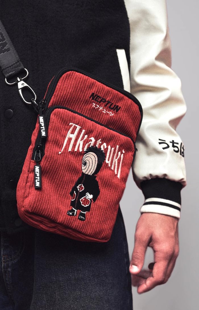 NEPTUN Anime Cross Bag Embroidered Crossbody Bag Cord Look with Separate Mobile Phone and Key Compartment Adjustable Obito Uchiha - Naruto Shippuden