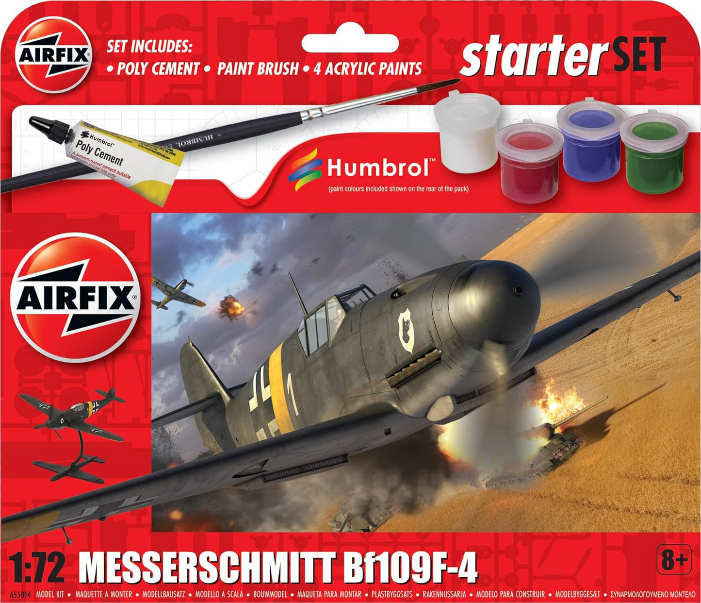Airfix Juego de iniciación - A55014 Messerschmitt Bf109F-4 - Kit de construcción de modelo de plástico para adultos y niños de 8 años en adelante, el juego incluye calcomanías, pinturas acrílicas
