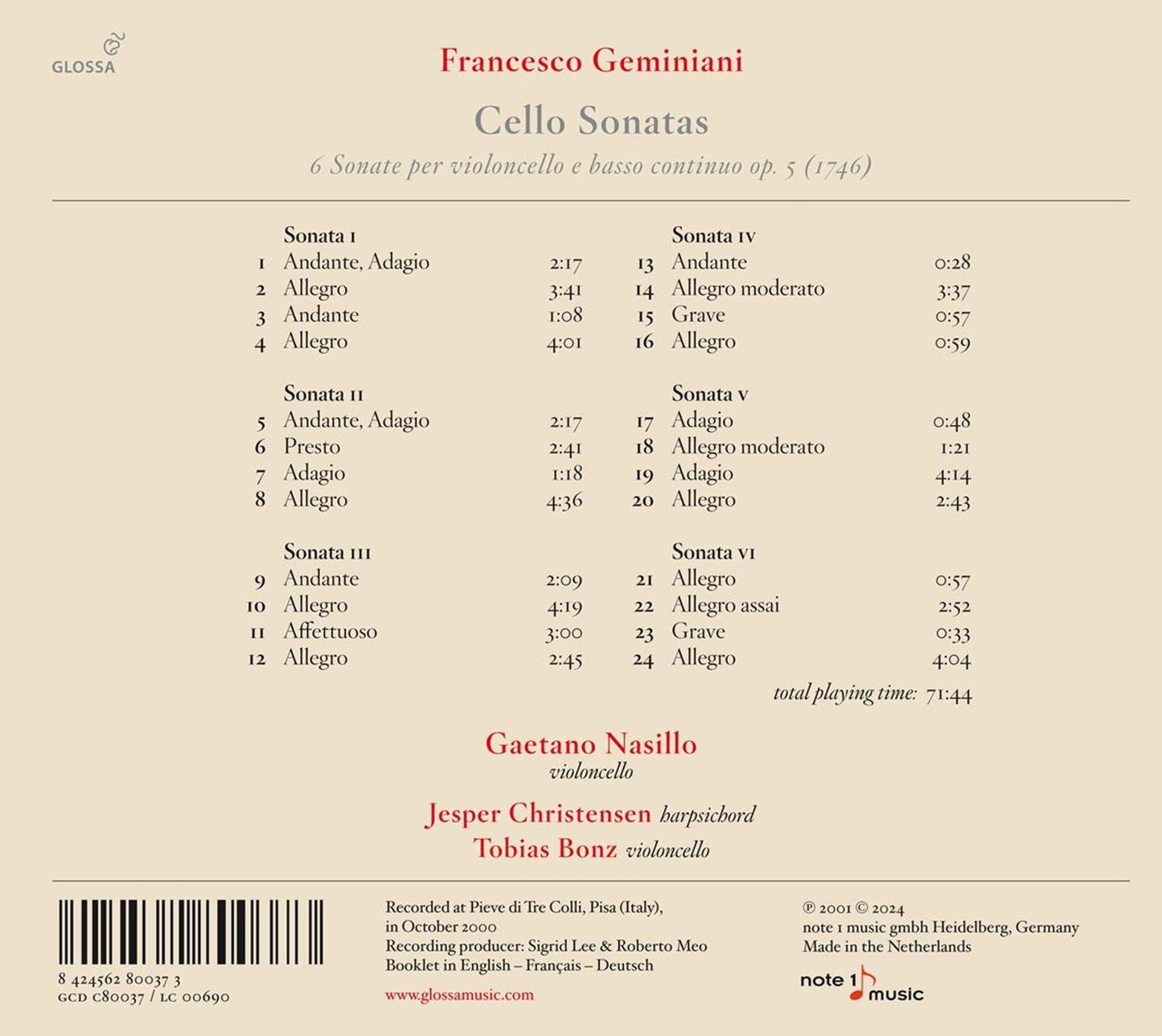 Francesco Geminiani: Cello Sonatas, Op. 5