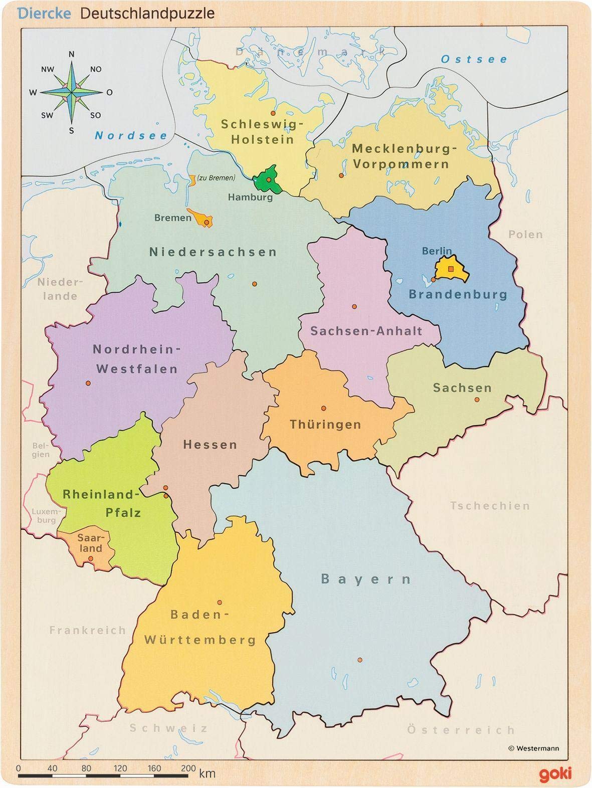 Puzzle im Puzzle Deutschland: 30 x 40 x 1 cm, Holz, 3 Schichten, 98 Teile, per Stück