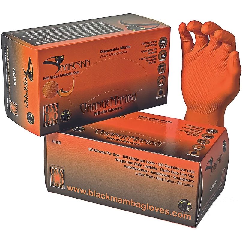 Black Mamba - Orange Snakeskin Nitrile Disposable Gloves Med