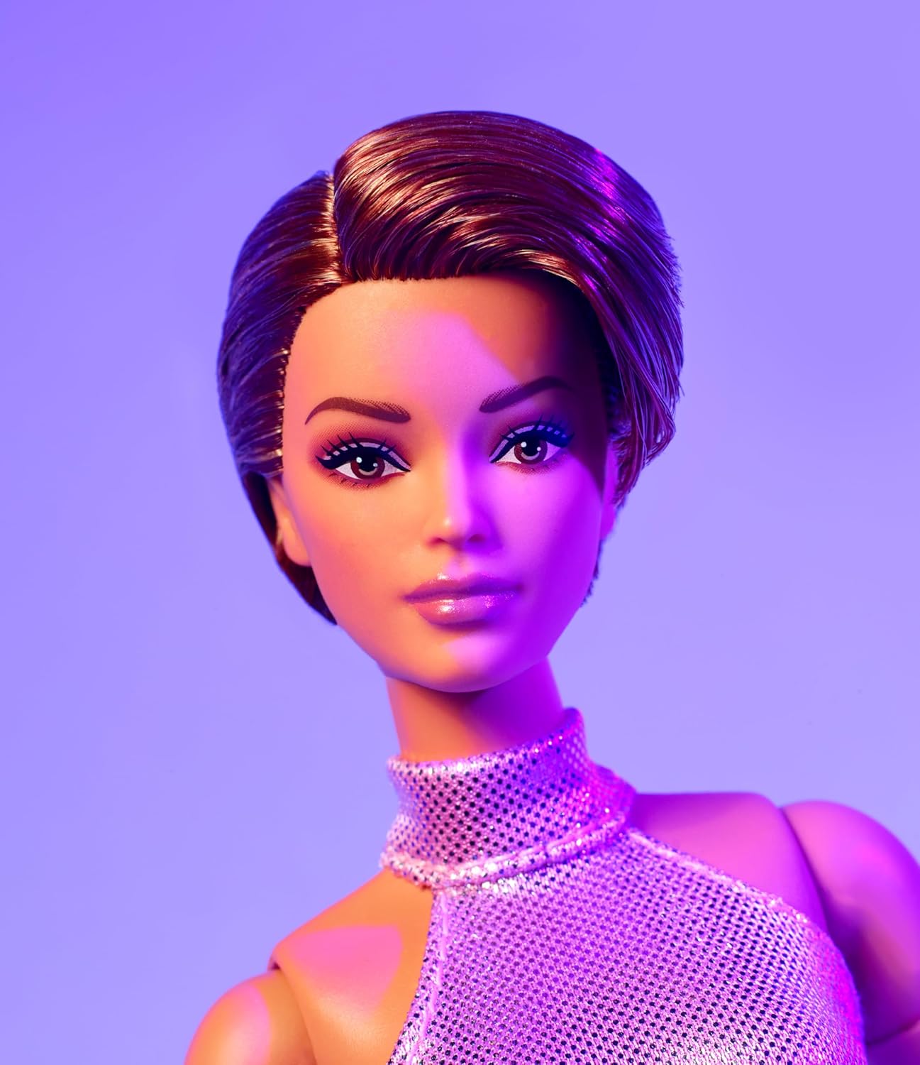 Barbie Looks Doll, Collectible No. 22 with Pixie Cut and Modern Y2K Fashion, Sequined Pink Halter Jumpsuit with Silver Heels, HRM14