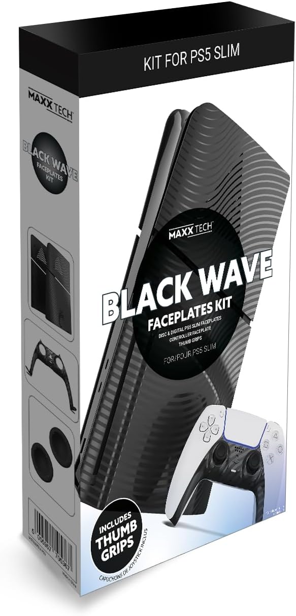 Maxx Tech PS5 Slim Faceplates Black Wave (5pcs) + Controller faceplate + 2 Thumb Grips