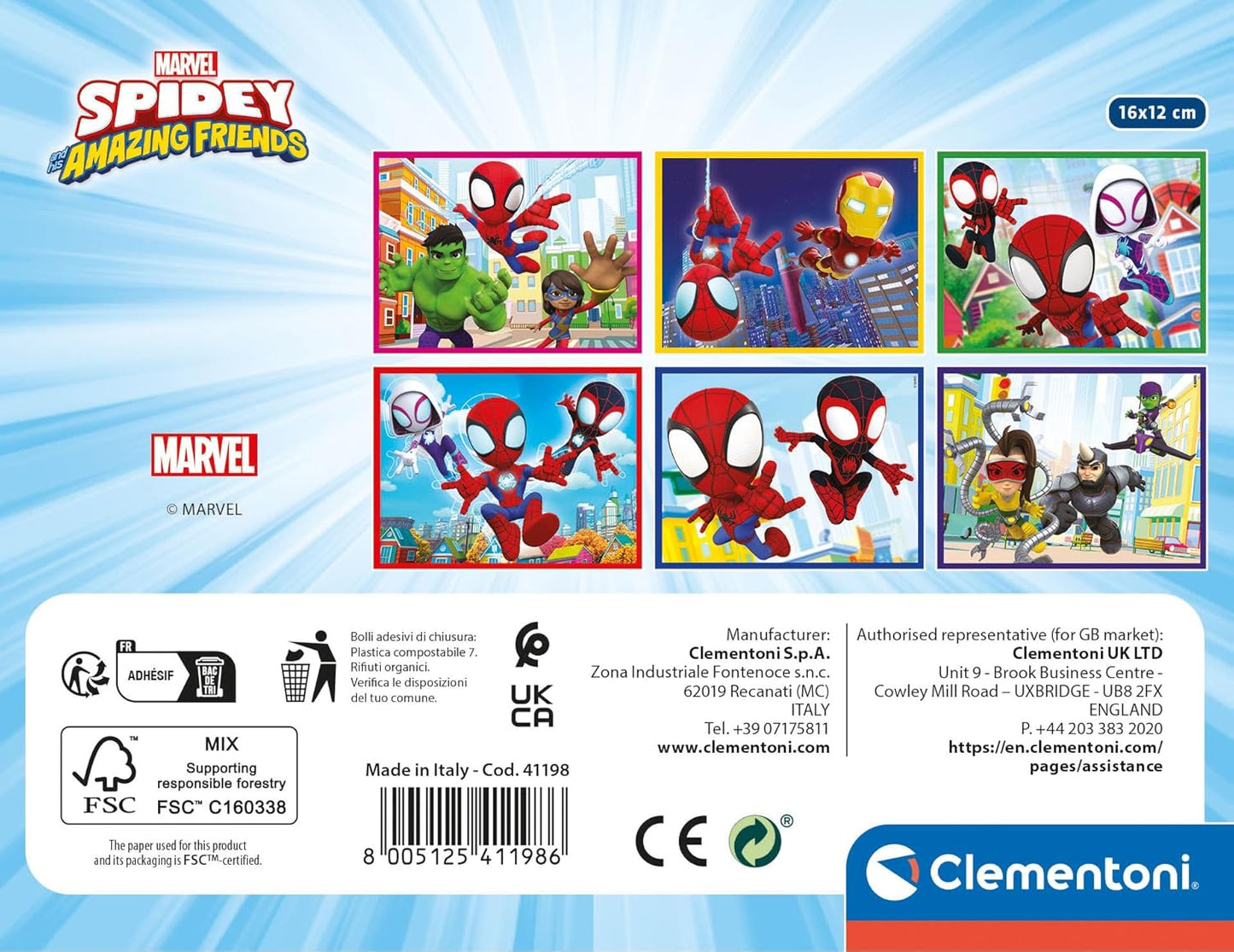 Clementoni- Marvel Spidey And His Amazing Friends Friends-12 Pezzi Bambini 3 Anni, Cartoni Animati, Puzzle Cubi, Made in Italy, Multicolore, 41198