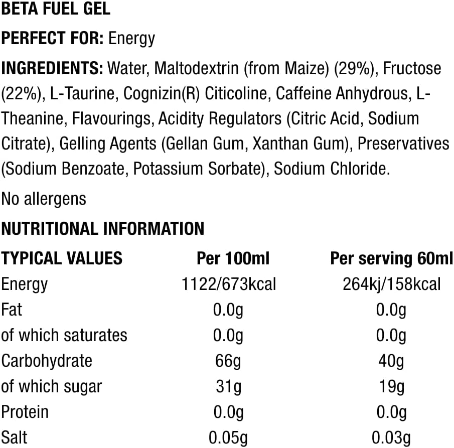 Beta Fuel Energy Gel +Nootropics - box of 6 gels - lemon and lime