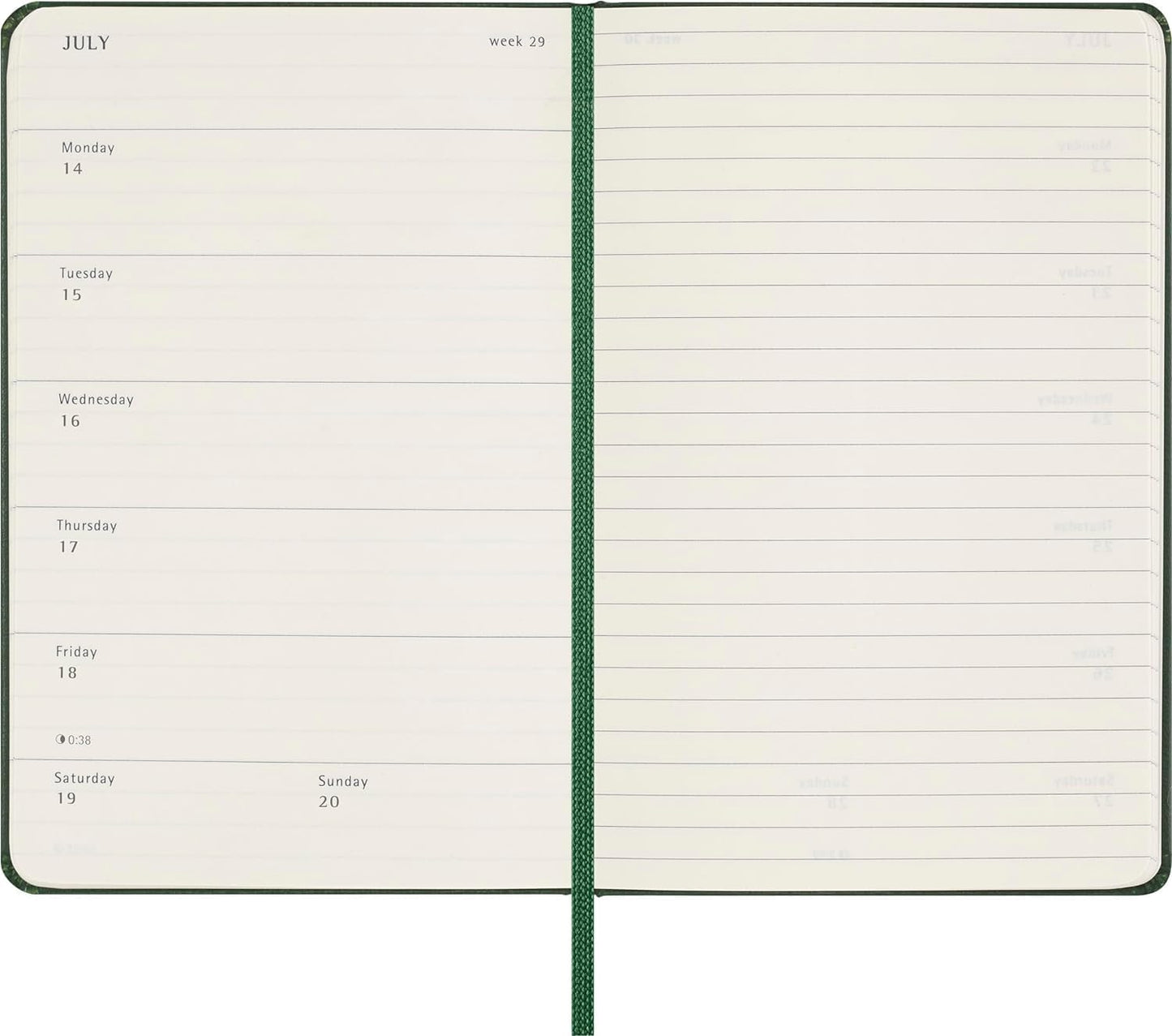 Moleskine Weekly Planner, Weekly Agenda with Space for Notes 2025, Hard Cover and Elastic Closure, Myrtle Green Color, Pocket Format 9x14 cm Hard Cover Pocket Myrtle Green