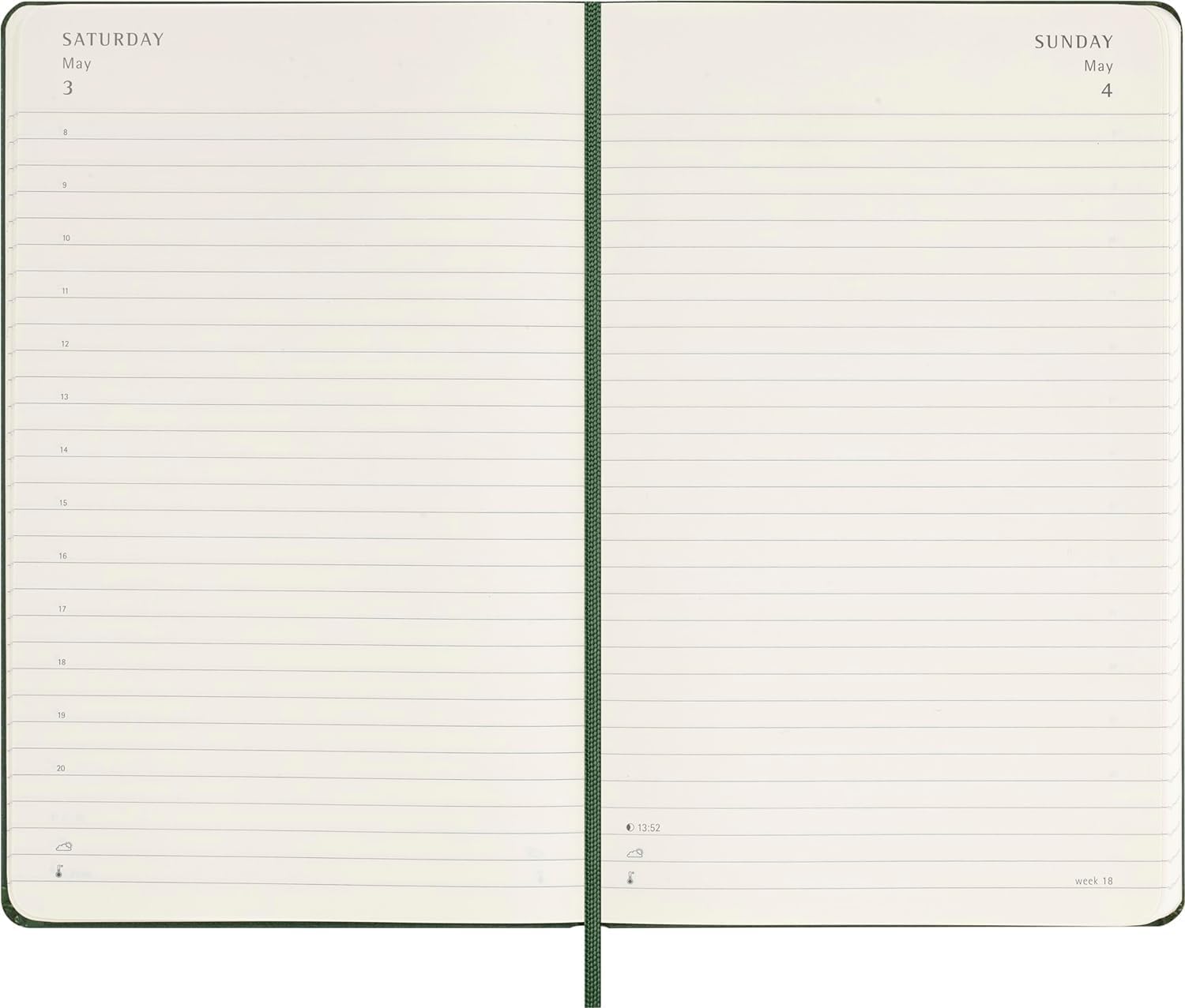 Moleskine Daily Planner, 12-Month Daily Agenda 2025, Hard Cover and Elastic Closure, Myrtle Green Color, Large Format 13x21 cm Hard Cover Large Myrtle Green