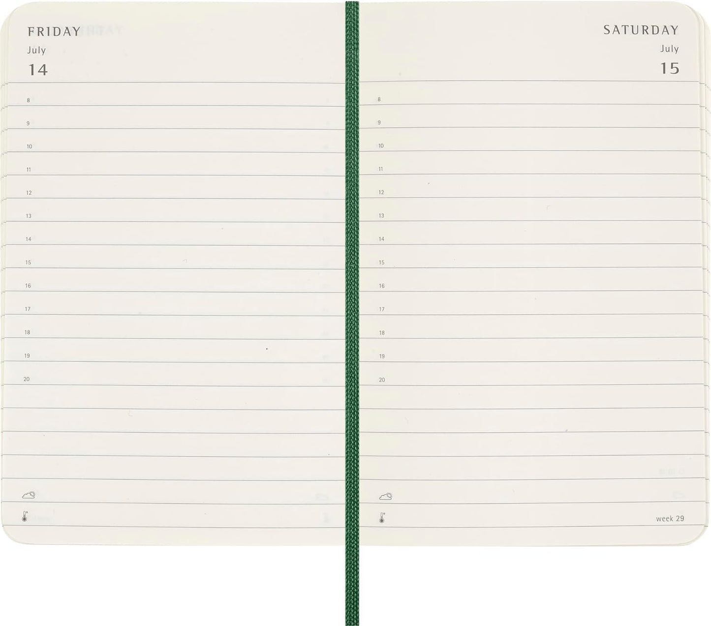 Moleskine Daily Planner, 12 Monate Tagesplaner 2025, Weicher Einband und Elastischer Verschluss, Farbe MyrtenGrün, TaschenFormat 9x14 cm
