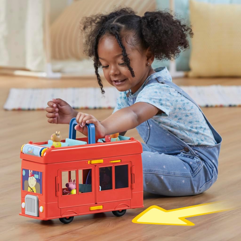 Peppa Pig Peppa’s 2-in-1 Party Bus Playset with Toy Figures and Accessories, Interactive Toddler Toys for Girls and Boys, Red