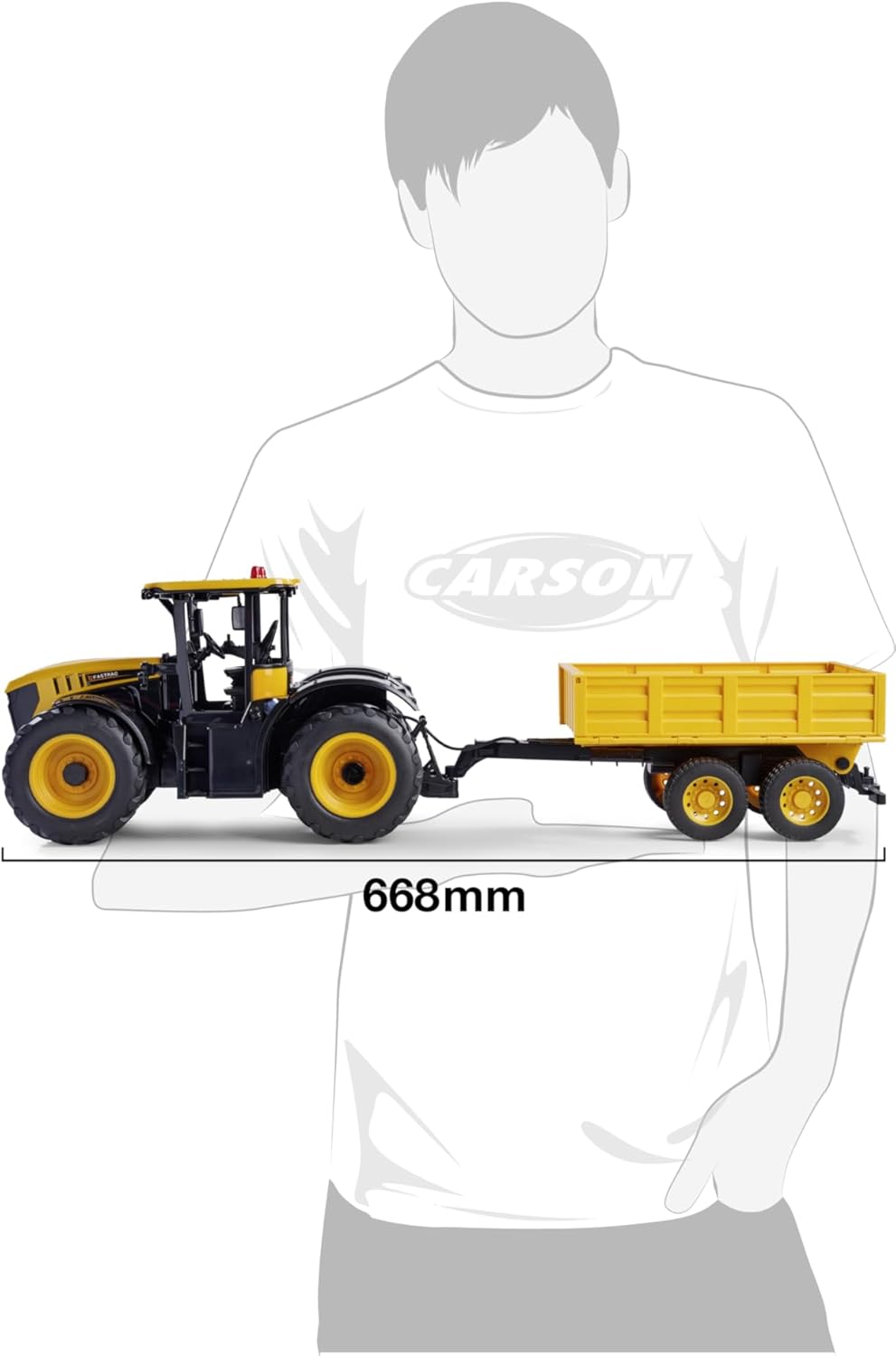 Carson 500907654 Traktor 500907654-1:16 RC JCB with Trailer 2.4G 100PercentRTR-Remote Vehicle, Functions Light and Sound, Remote Controlled Tractor, Single, Yellow JCB Tractor with Trailer Single