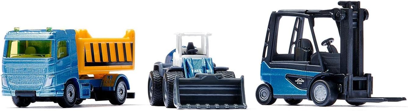 siku 6336, Construction Site Gift Set with Truck, Forklift, Loader, 6 Pallets, 2 Traffic Signs, Metal,Plastic, yellow,Blue, Moving Parts