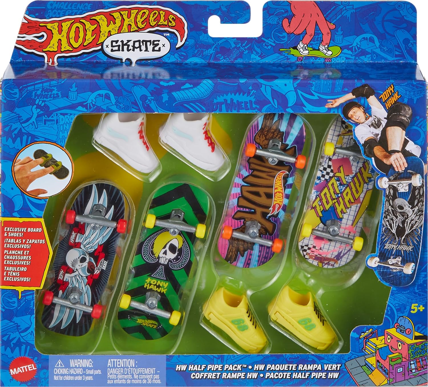 Hot Wheels Skate Tony Hawk Fingerboard & Removable Skate Shoes Multipack, 4 Fully Assembled Boards, 2 Pairs of Skate Shoes, 1 Exclusive Set (Styles May Vary),, HVM14