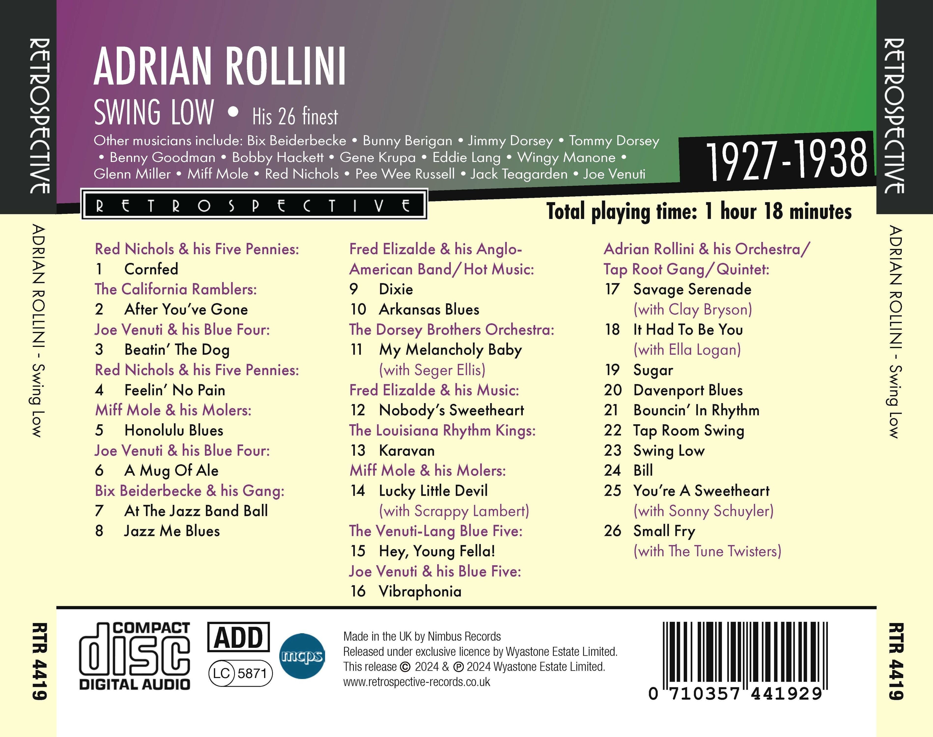 Adrian Rollini: Swing Low: His 26 Finest 1927-1938
