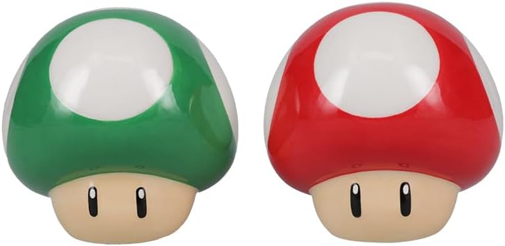 Super Mario Brothers Mushroom Salt and Pepper Shakers Officially Licensed Nintendo Red & Green 1-Up Ceramic Set for Kitchen & Home Decor, Housewarming Gift for Movie and Gaming Fans | Paladone