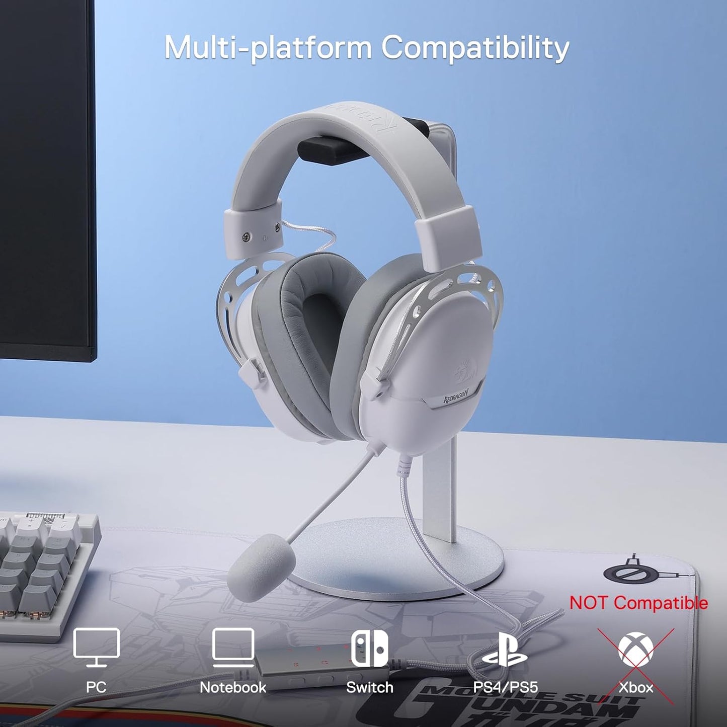 Redragon H376 Aurora Wired Gaming Headset, Virtual 7.1 Surround Sound, 40mm Drivers, in-line Control with EQ Mode, Over-Ear Headphones Works for PC/PS5/XBOX/NS, White