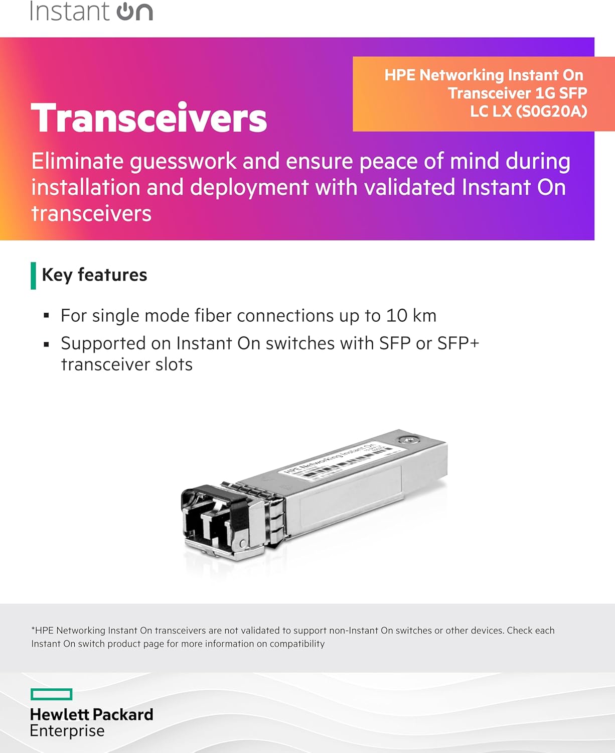 HPE Networking Instant On 1G SFP LC LX Transceiver for Single Mode Fiber Connections Up to 10 Km (S0G20A