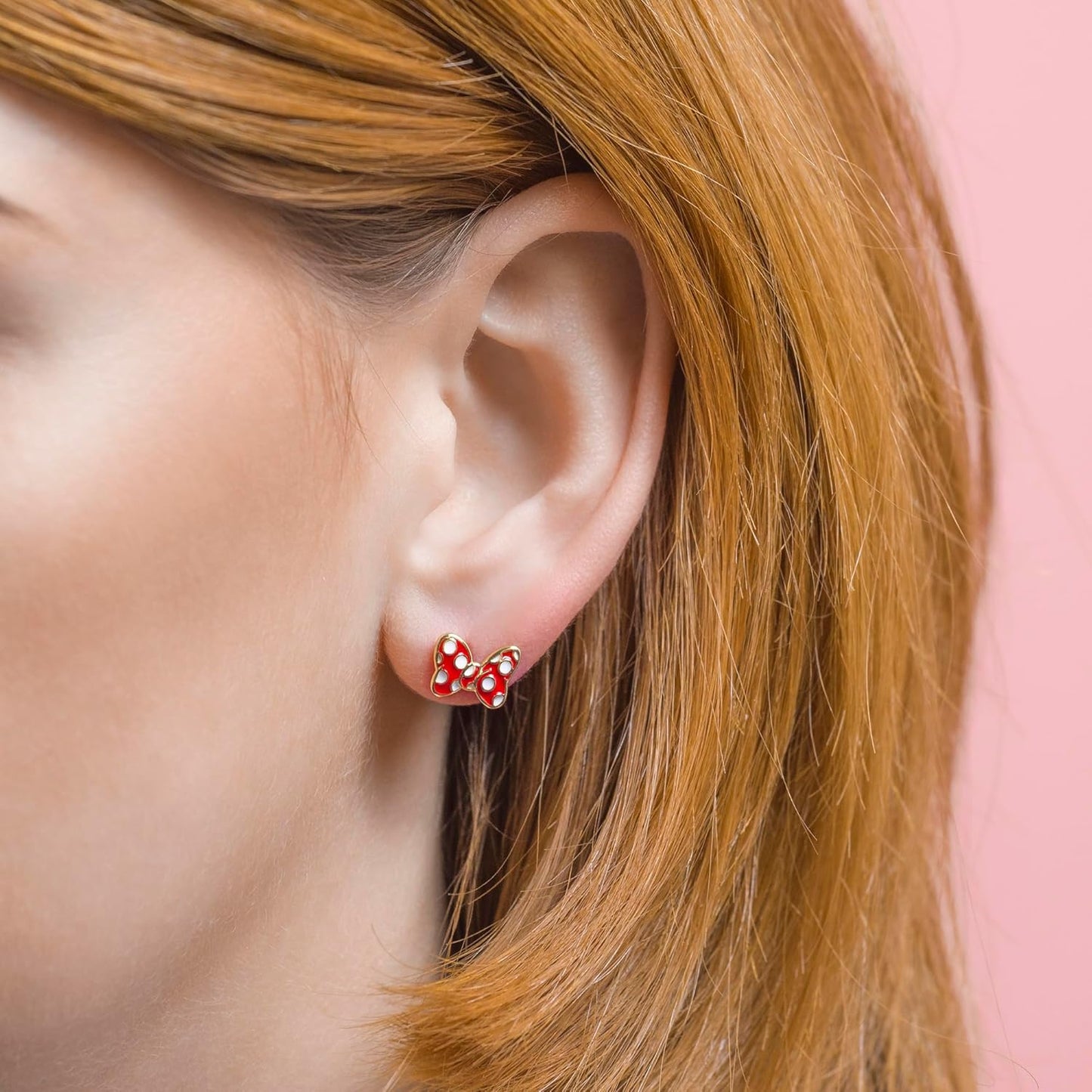 Minnie Mouse Girls Red Polka Dot Bow Gold Plated Stud Earrings