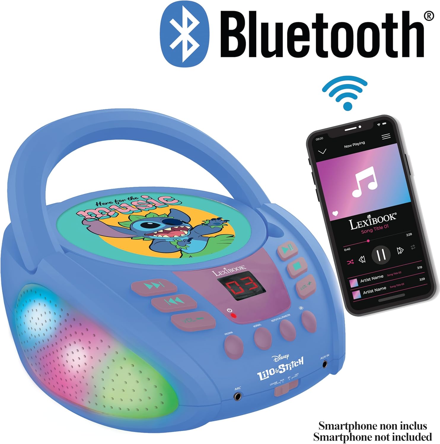 Lexibook Puntada Disney Stitch-Reproductor de CD Bluetooth Portátil, Efectos de luz multicolor, micrófono, Toma auxiliar, Funciona con corriente alterna o con pilas, Niños, color azul, Small (RCD109D)