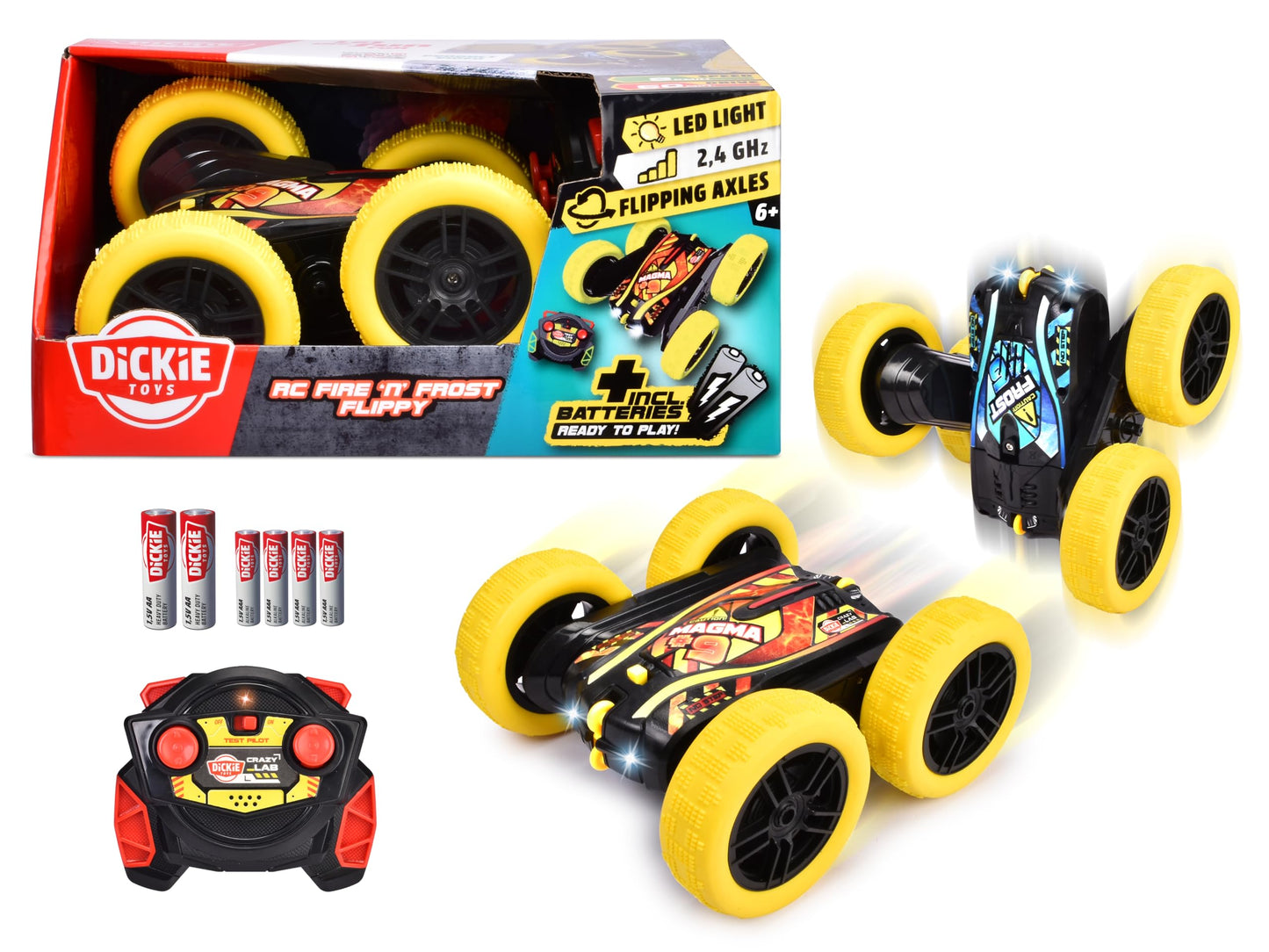 Dickie Toys - RC Car Fire 'n' Frost Flippy (16 cm) - Remote Controlled Car from 6 Years with 360° Flips and Light, Remote Control Car for Children, 8 km/h, 2.4 GHz Remote Control, Batteries Included