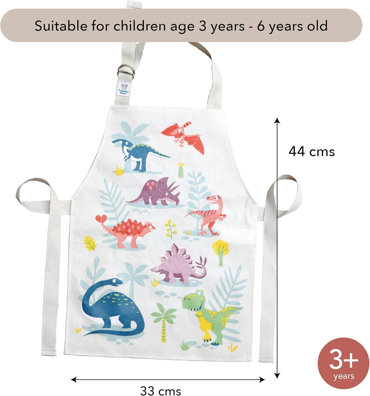 ThreadBear Design - Easy Wipe Clean Apron for Kids - Messy Play Time Great for Home School Art Activities - Age 3+ Dinosaur Friends Apron