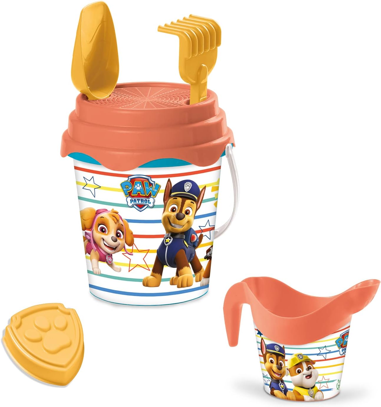 Mondo Paw Patrol 28243 Bucket Set Can 17 cm Diameter with Jug for Water-Beach Toy (6 Pieces) for Children, Yellow and Red, ø17 cm