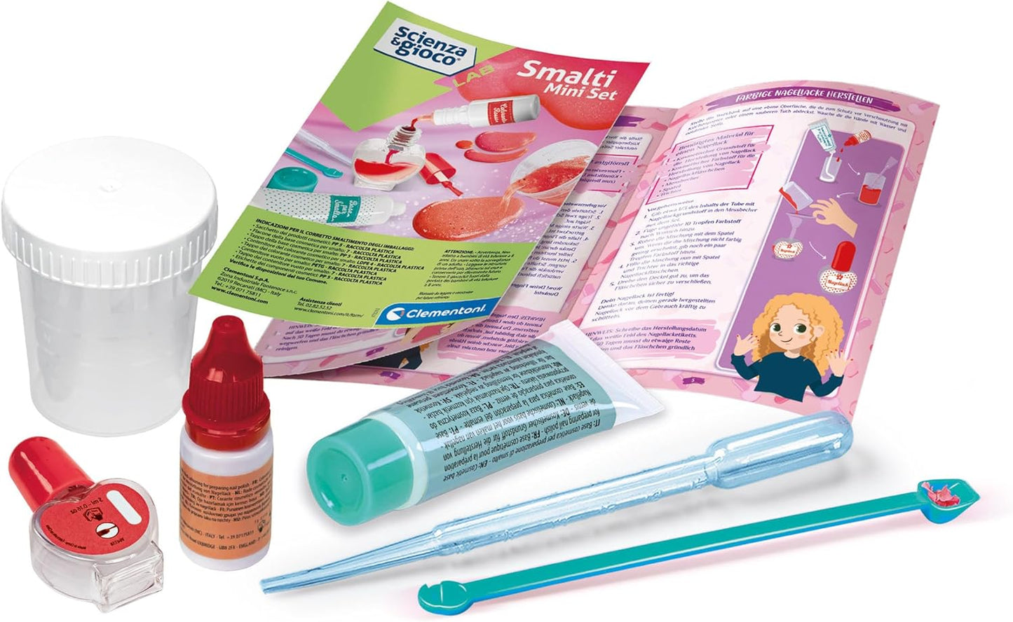 Clementoni Lab Mini Science Experiment Set, Girl Laboratory, Kit for Making Nail Polishes, Scientific Game 8 Years, in Italian, Made in Italy, Multicoloured, 19372