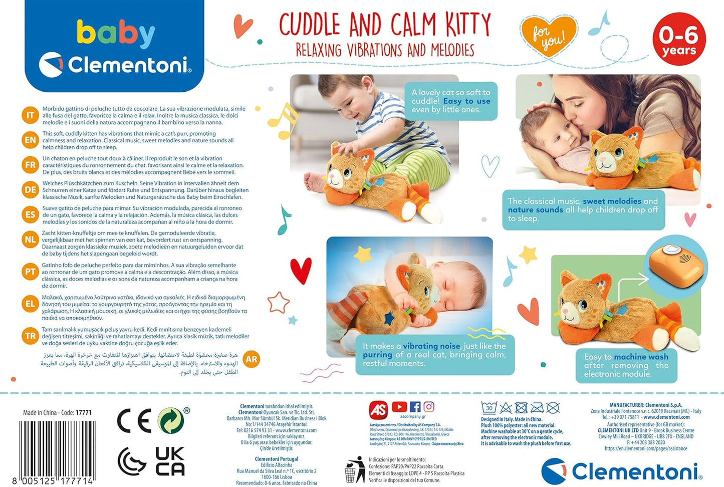 Clementoni- Soft Plush Kitty Toy: Calming Bed Time Interactive Cat Toy with Lights, Sounds Purring & Sweet Melodies for Babies (0+ Months)
