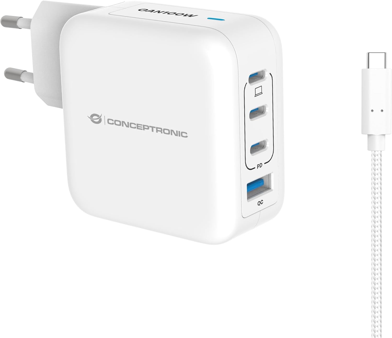 Conceptronic Caricatore USB per PC a 4 Porte 100 W GaN con Cavo di Ricarica USB-C, USB-C x 3, USB-A x 1, QC 3.0, PPS