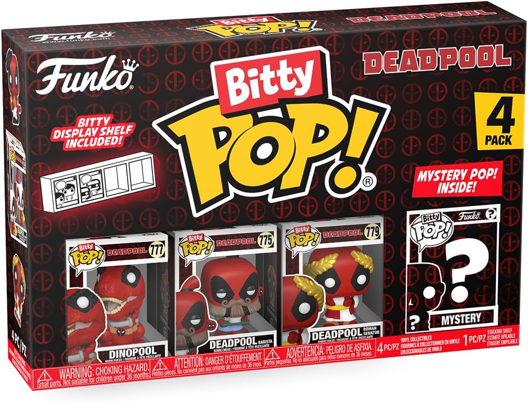Funko Bitty Pop! Dinopool, Bitty Pop! Deadpool (Barista), Bitty Pop! Deadpool (Roman Senator), and a mystery Bitty Pop! figure - 0.9 Inch (2.2 Cm) Collectable - Stackable Display Shelf Included
