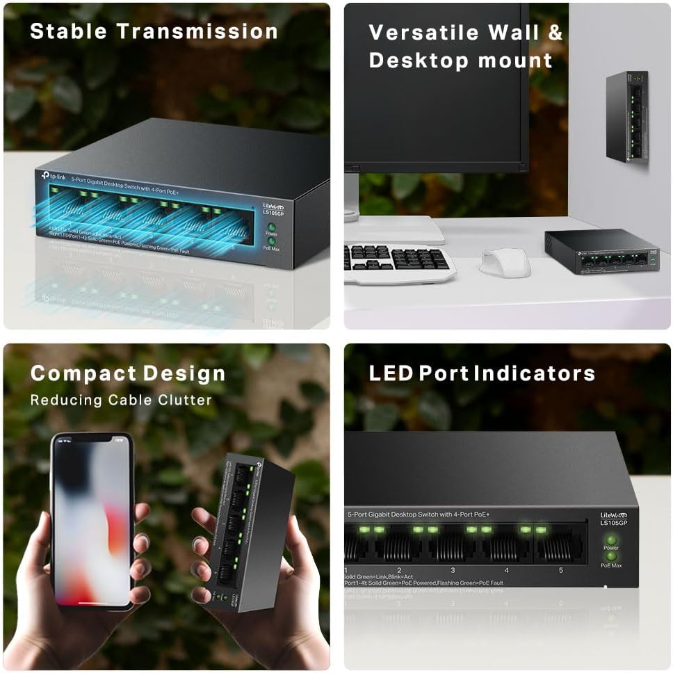 TP-Link 5-Port Gigabit Desktop Switch with 4-Port PoE+, up to 10 Gbps switching capacity, 65 W PoE Budget up to 250 m Transmission, desktop or wall-mounting design, Plug and play, metal case(LS105GP
