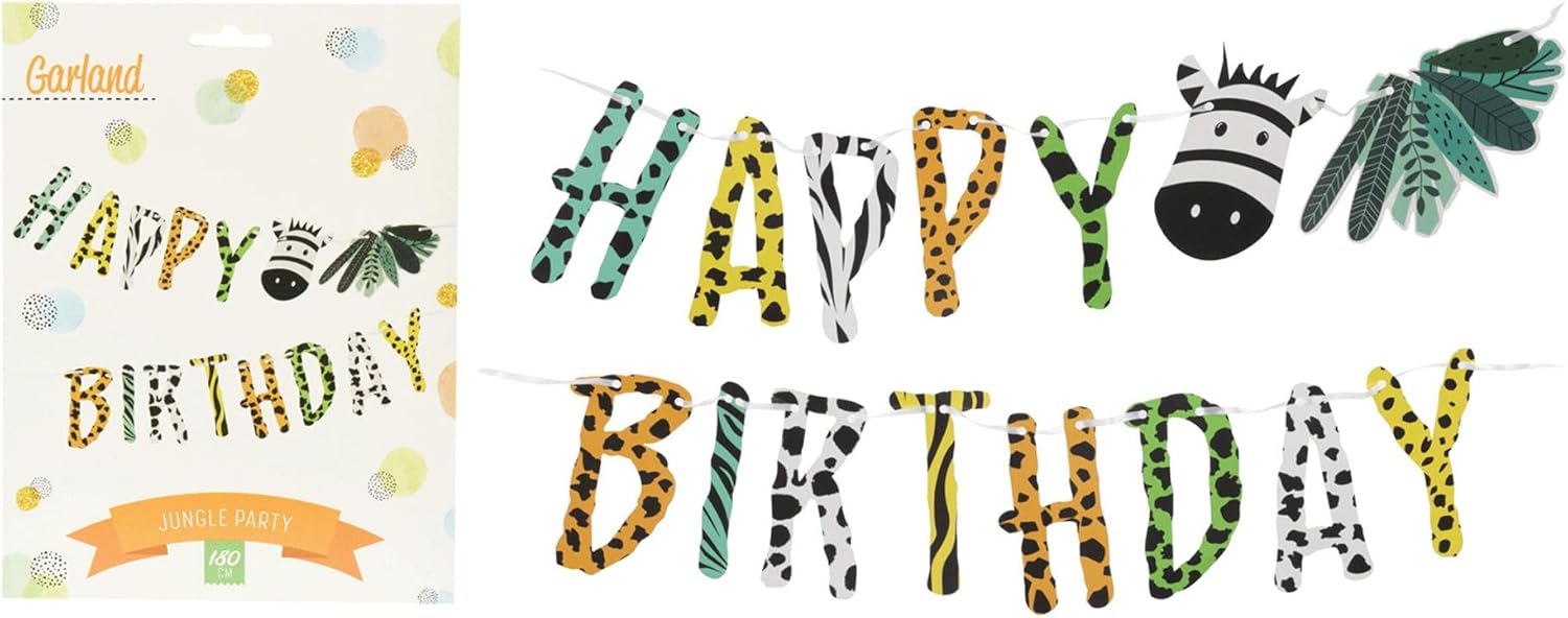 Happy Birthday Garland 180 cm 1 Piece - Banner with Animal Pattern / Zebra Motif - Birthday Garland Children - Decoration Children's Birthday - Colourful