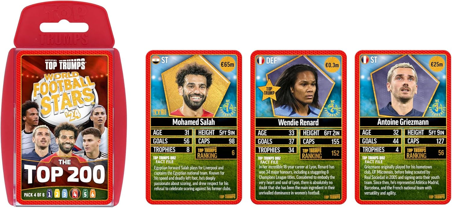 Top Trumps World Football Stars Top 200 Card Game Pack 4, Play with Salah, Mahrez, Dias and Darwin Nunez, educational gift for ages 6 plus