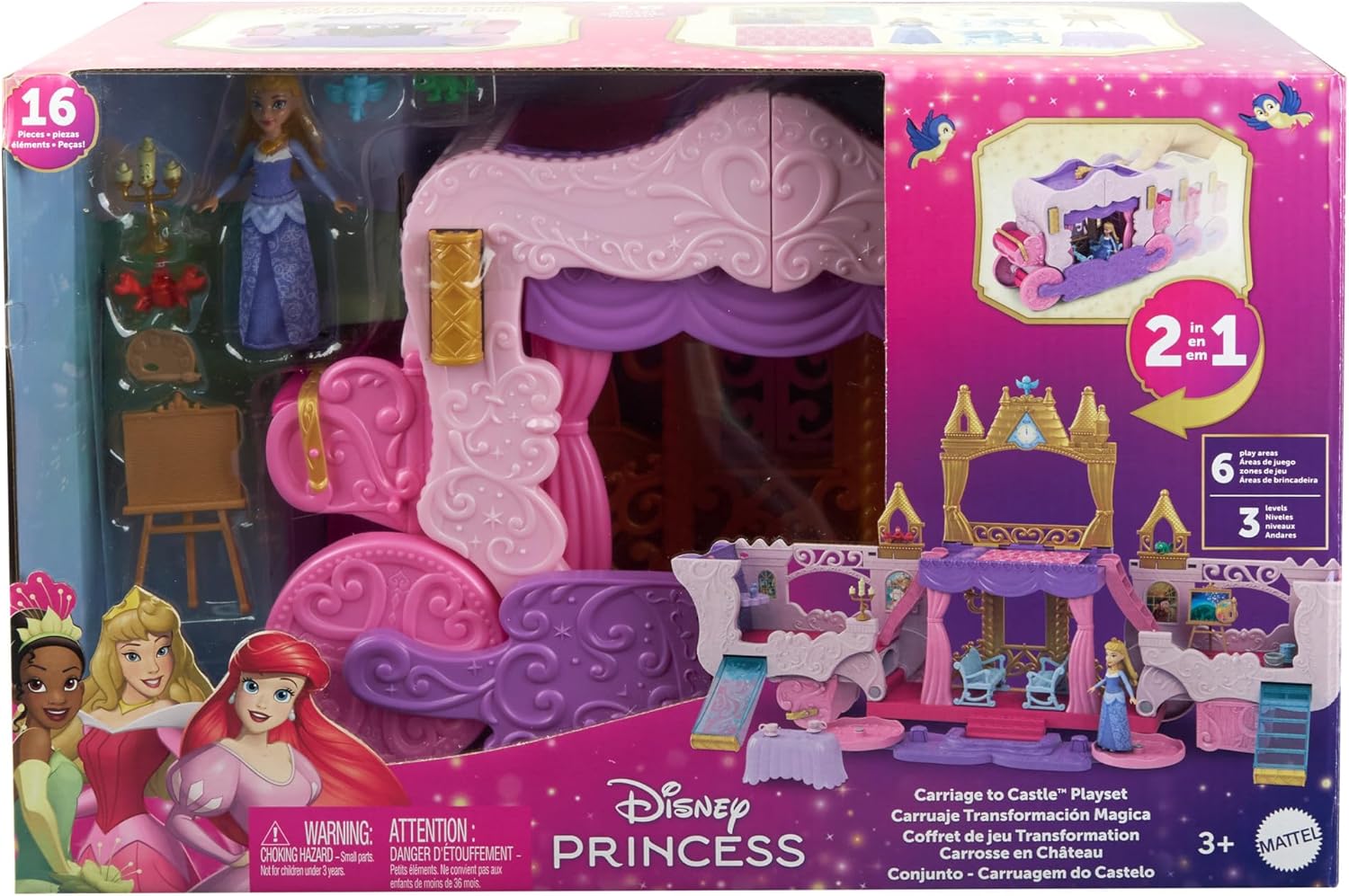 Mattel Disney Princess Carriage to Castle Transforming Playset with Aurora Small Doll, 3 Levels, 6 Play Areas, 4 Figures, Furniture & Accessories, HWX17