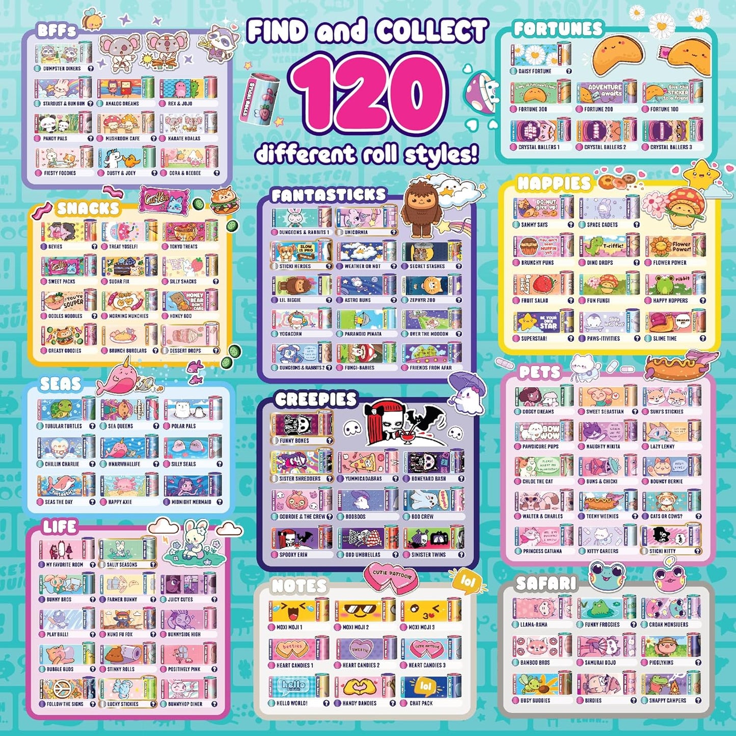 Sticki Rolls Sticki Bands, pulsera adhesiva portátil y compartible, 70 mini calcomanías, varios colores y estilos