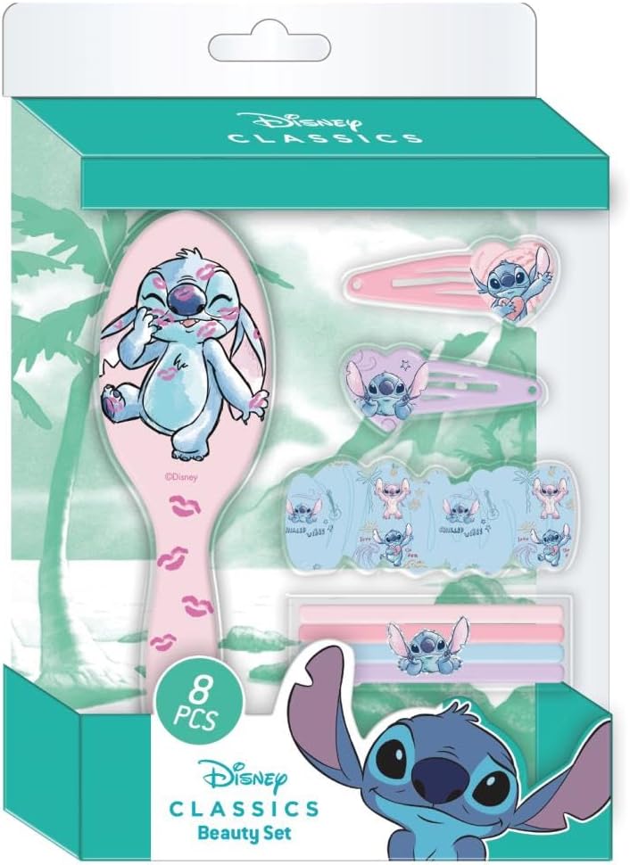 Stitch schoonheidsset voor kinderen, meerkleurig, ideaal om je kleintjes te verrassen, bevat 1 haarelastiek van stof, 4 haarelastiekjes, borstel en 2 haarspelden. Origineel product, ontworpen in