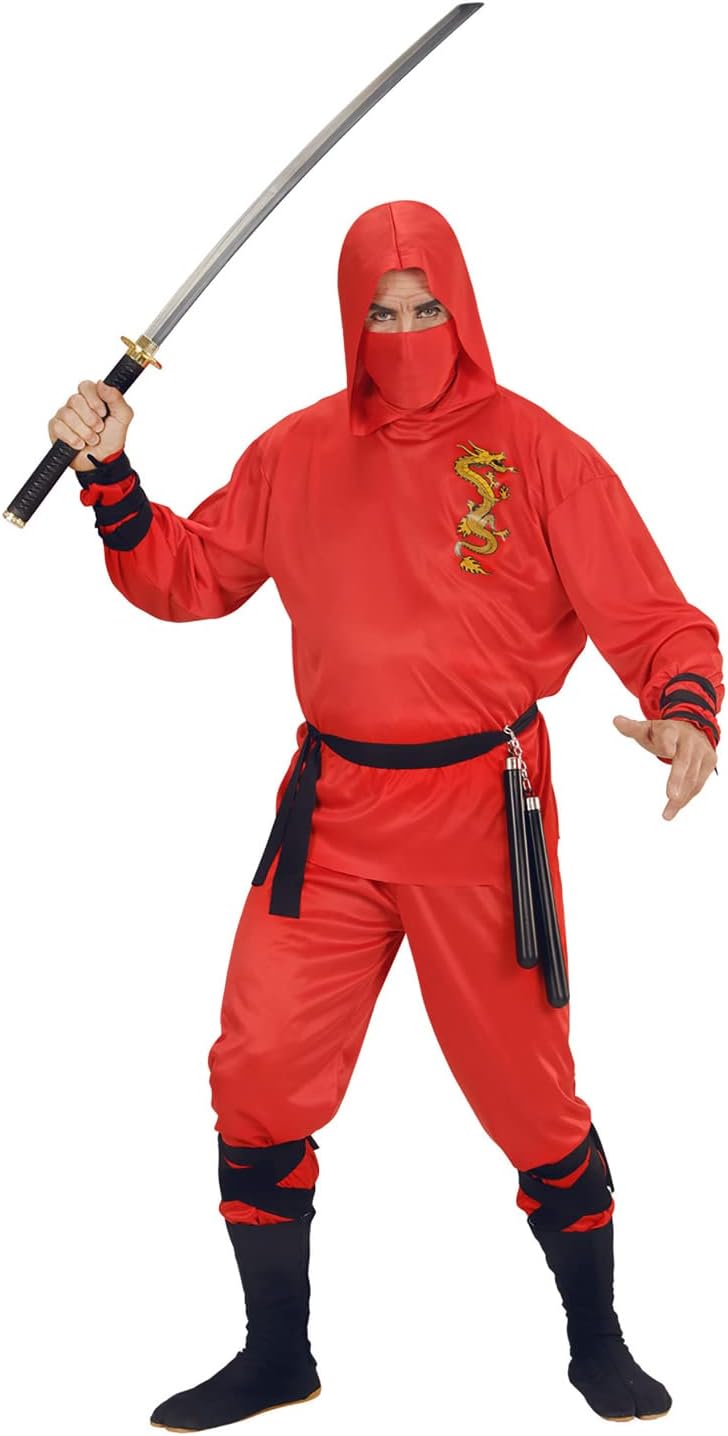 Widmann 01331 Adults Dragon Ninja Costume, Hooded Top, Trousers, Belt, Face Mask, Red