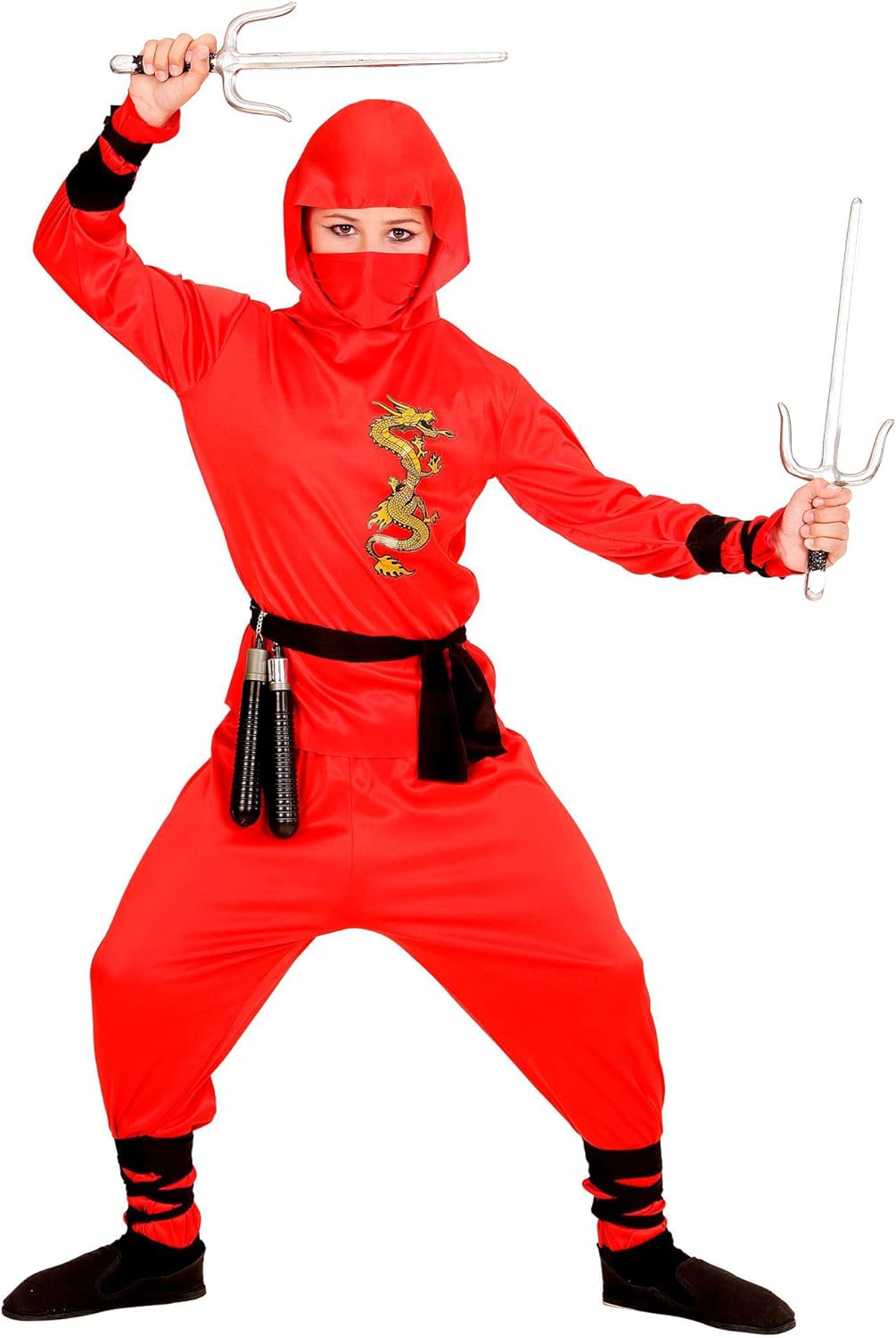 WIDMANN - Dragon Ninja Children's Costume, Hooded Top, Trousers, Belt, Face Mask, Red 158 Red